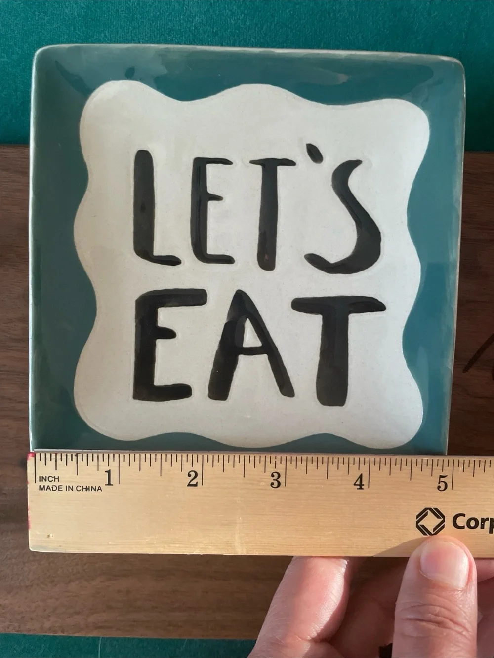 Ceramic 'LET'S EAT' Square Appertizer Dishes in Teal & White